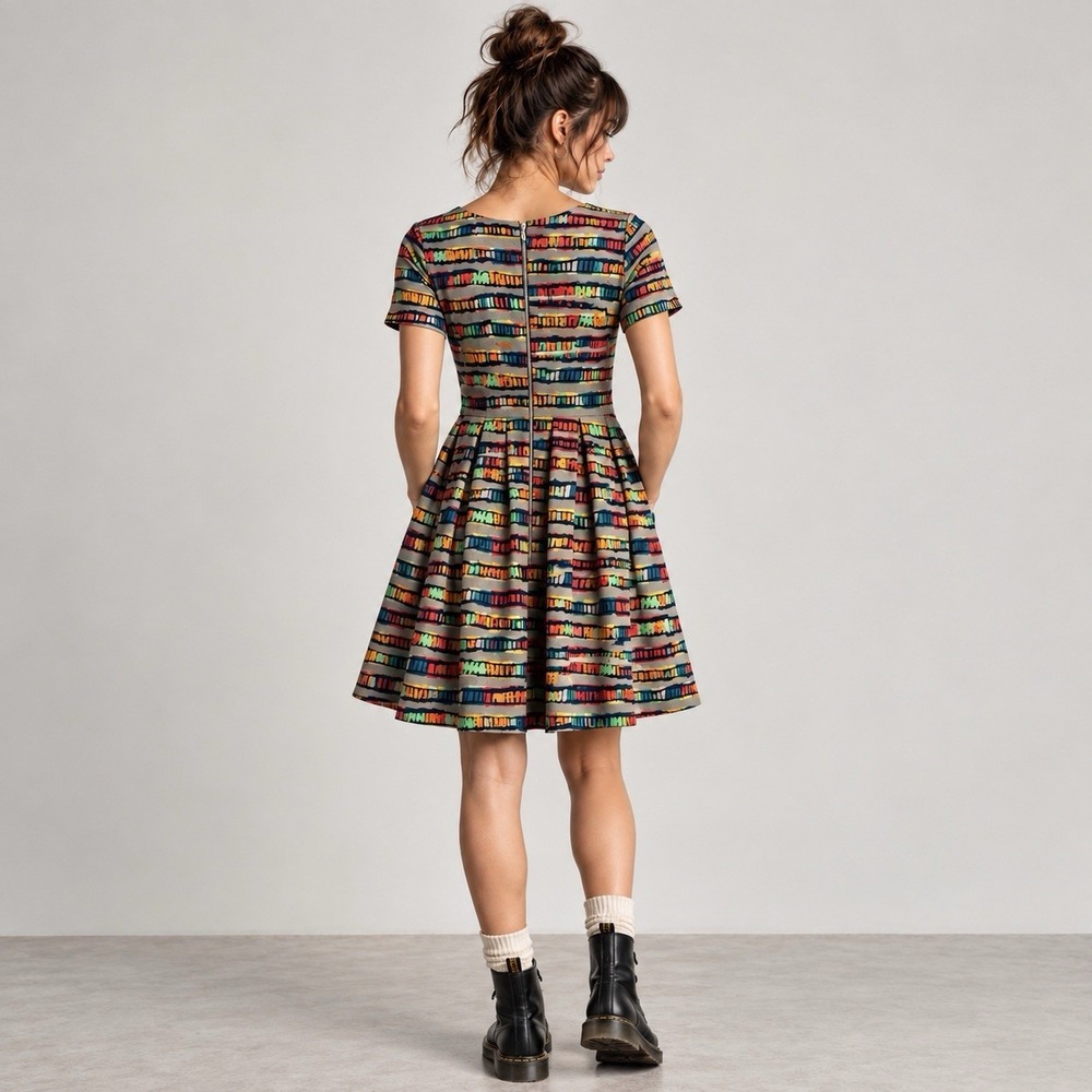 LuLaRoe Amelia Dress L Gray Multicolor Geometric Fit Flare Pleated Pockets Retro - Picture 3 of 13